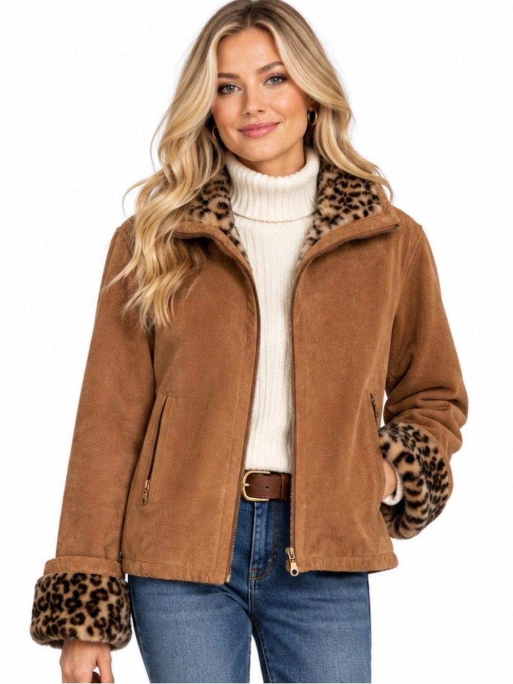 Vintage brown Suede Jacket with Faux-Fur Animal Print Trim Lining L